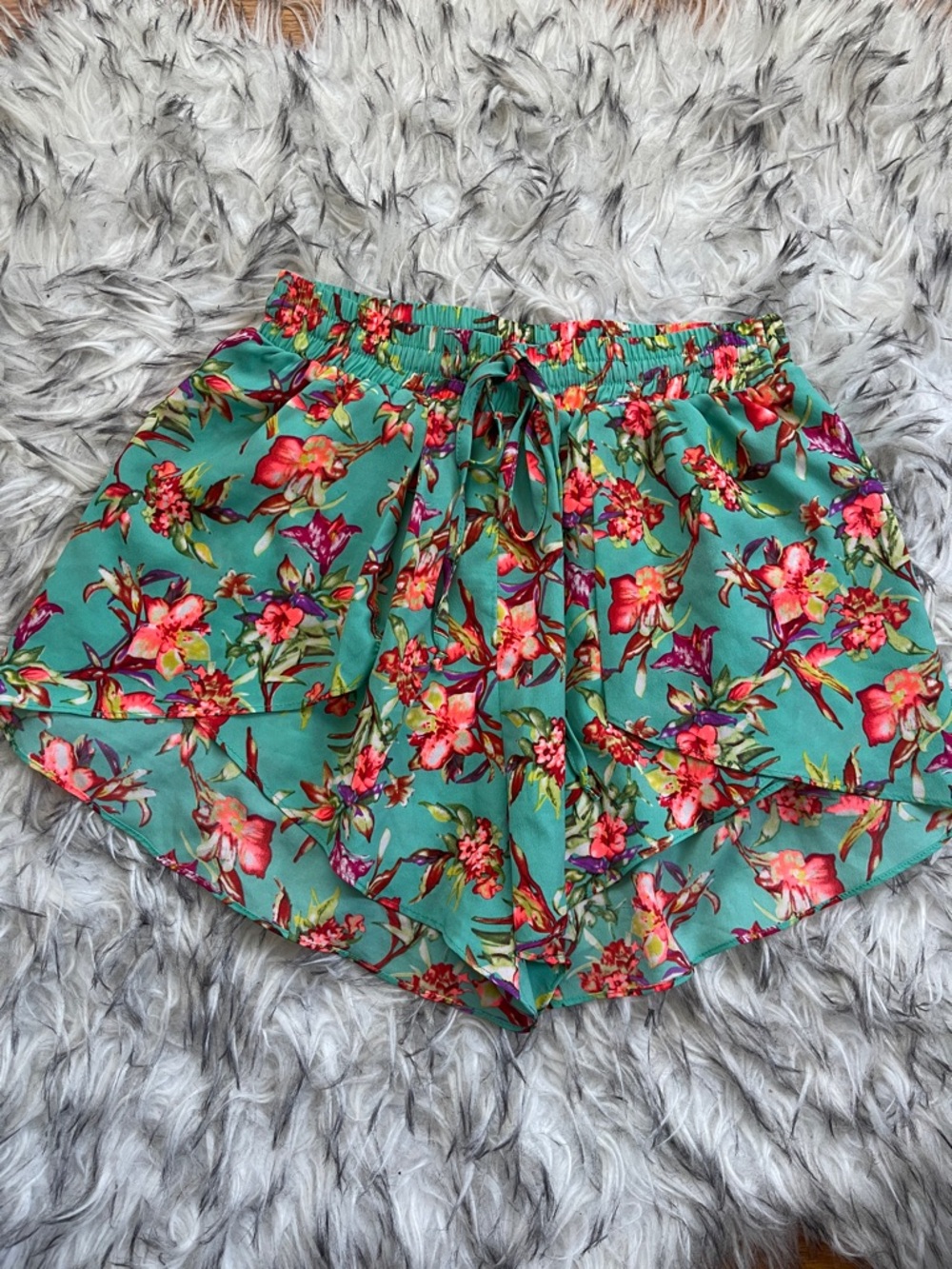 Teal Floral Beach Cover-Up Shorts with Drawstring Waist